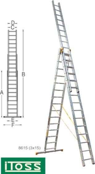 Драбина 8615 iTOSS універсальна, алюмінієва з трьох частин, 3х15 сходинок, довжина 11,2 / 4,4 м
