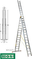 Лестница 8615 iTOSS универсальная, алюминиевая из трех частей, 3х15 ступенек, длина 11,2 / 4,4м
