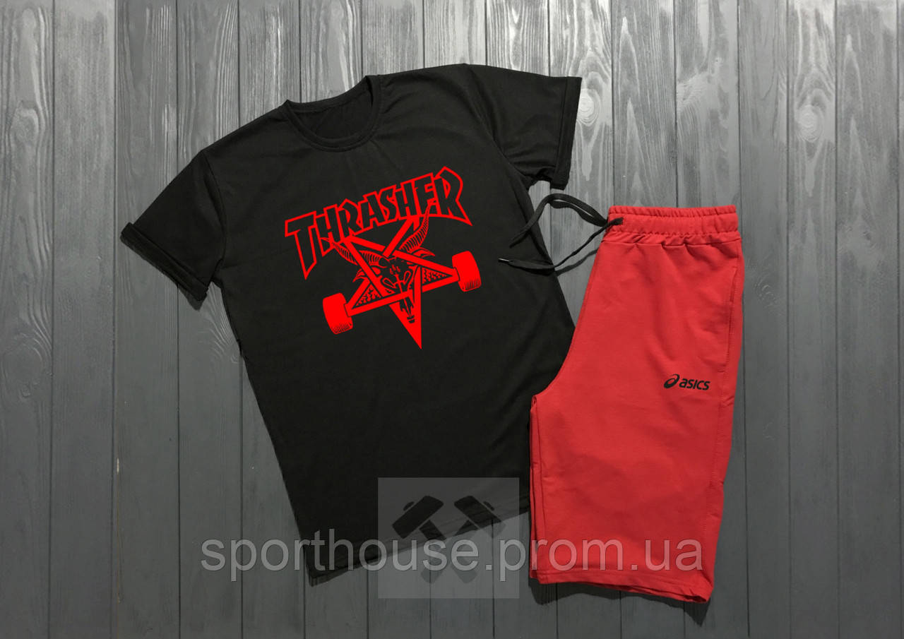 Чоловічий комплект футболка + шорти Thrasher чорного і червоного кольору (люкс) S