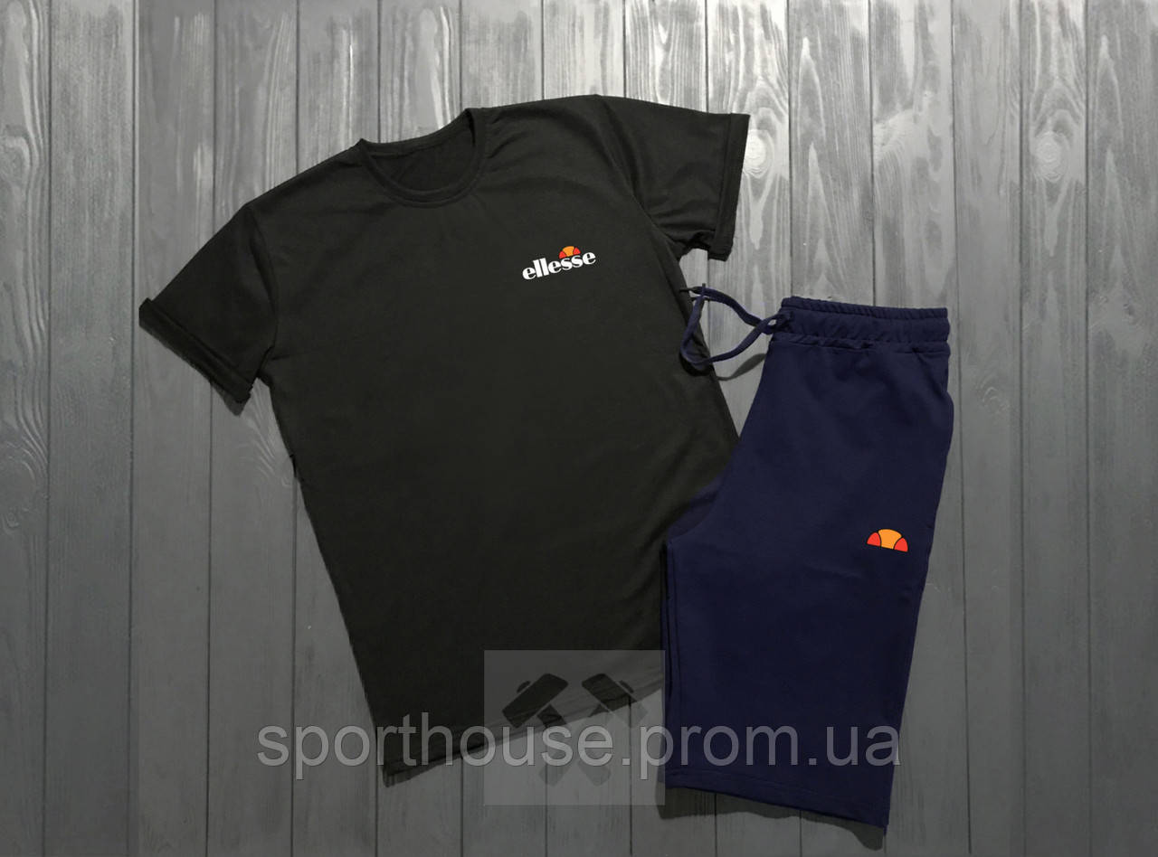 Чоловічий комплект футболка + шорти ellesse чорного і синього кольору (люкс) S