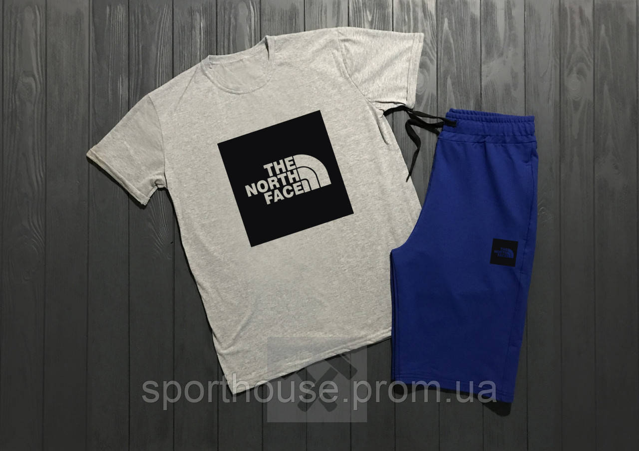 Чоловічий комплект футболка + шорти the north face сірого і синього кольору (люкс) S