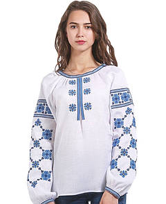 Вишита дизайнерська жіноча сорочка Біла з синіми квітами