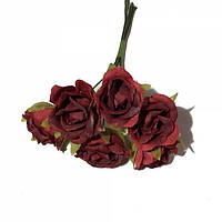 Розы сатин на проволоке 6 штук. Цвет темно-красный