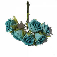 Розы сатин на проволоке 6 штук. Цвет голубой