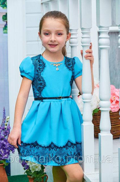 Платье детское для девочки Дамочка короткий рукав голубое 110см брошь клеш кружево - фото 4 - id-p665120776