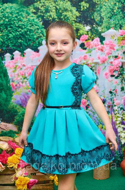 Платье детское для девочки Дамочка короткий рукав голубое 110см брошь клеш кружево - фото 1 - id-p665120776