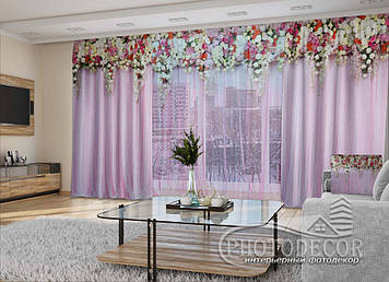 3D - Фото Штори і тюль "Рожеві ламбрекени з квітів" - будь-який розмір. Читаємо опис!