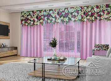 3D - Фото Штори і тюль "Квіткові ламбрекени на рожевому тлі" - будь-який розмір. Читаємо опис!