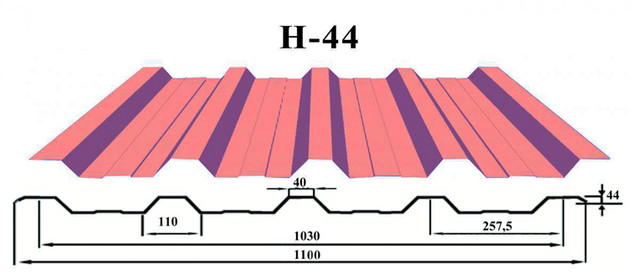 Профнастил Н-44 кровельный 0.45 мм