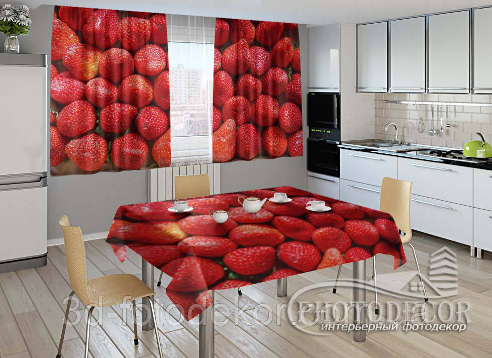 Фото комплект для кухні "Полуниця" (штори 1,5м*2,0м; скатертина 0,8м*1,0м), фото 1