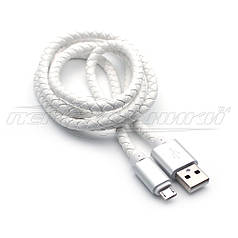 Преміумкабель USB to micro USB, шкіряне плетіння, білий, 1 м