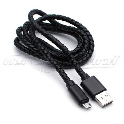 Преміум кабель USB to micro USB, шкіряне плетіння, чорний, 1м, фото 2