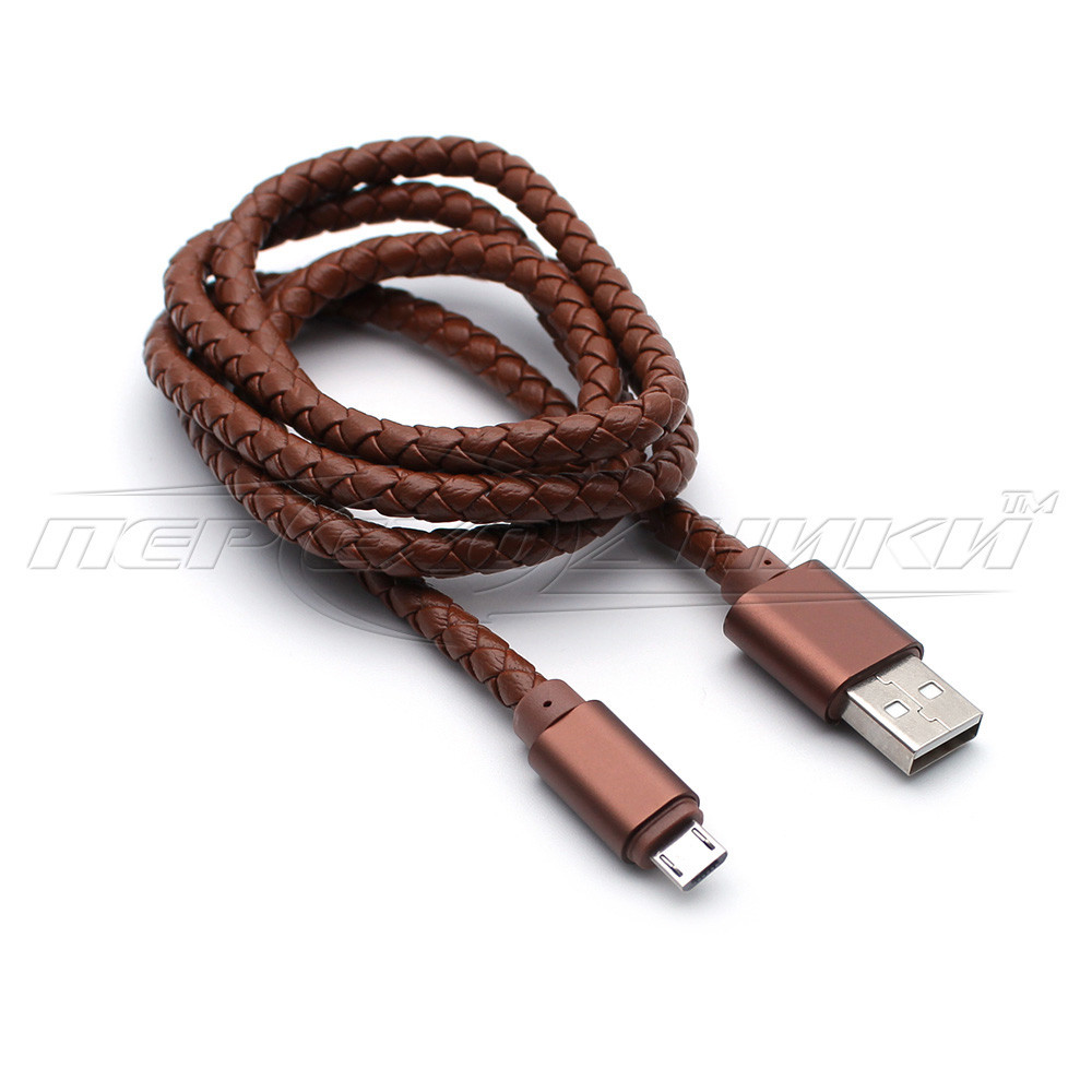 Преміумкабель USB to micro USB, шкіряне плетіння, коричневий, 1 м