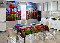 Фото комплект для кухни "Маки и полевые цветы" (шторы 2,0м*2,9м; скатерть 1,45м*1,7м)