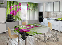 Фото комплект для кухни "Малиновые орхидеи и камни" (шторы 2,0м*2,9м; скатерть 1,45м*1,7м)