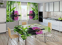 Фото комплект для кухни "Орхидеи и камни" (шторы 2,0м*2,9м; скатерть 1,45м*1,7м)