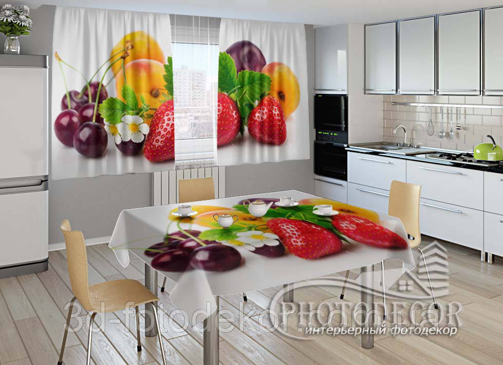 Фото комплект для кухні "Ягоди і фрукти" (штори 2,0м*2,9м; скатертина 1,45м*1,7м) - фото 1 - id-p666549289
