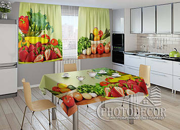 Фото комплект для кухні "Овочі і фрукти" (штори 2,0м*2,9м; скатертина 1,45м*1,7м)