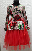 Платье детское София пудра+красное для девочки мраморный велюр+евросета 116,128,134см баска ленти троянди