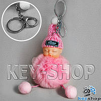 Розовый пушистый меховой брелок куколка, на сумку, рюкзак с кольцом и карабином