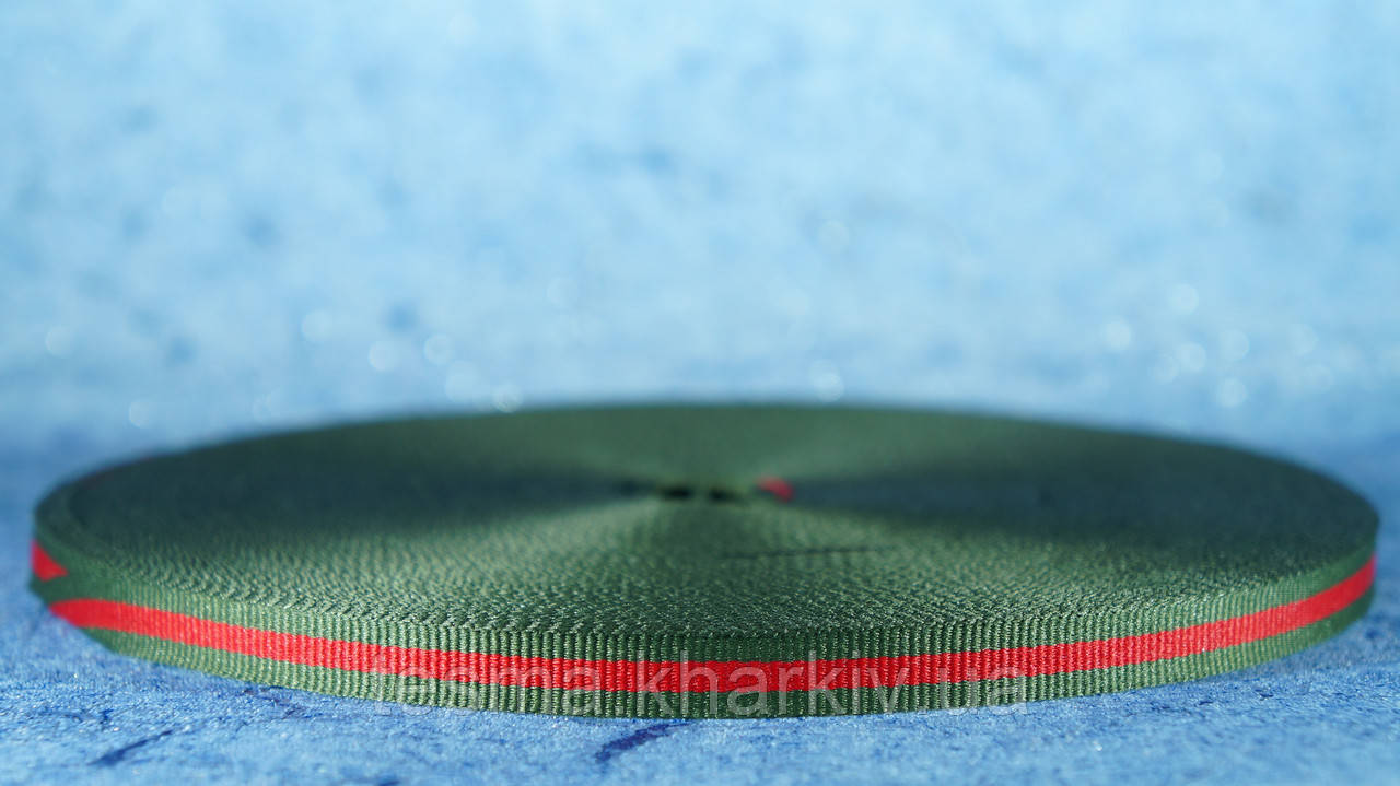 Стрічка репсова 10 мм оливка/червоний/оливка 50 м