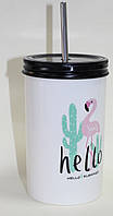 Стакан керамічний білий з кришкою і трубочкою, Фламінго і кактус