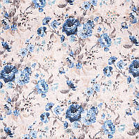 Ткань для штор, римская штора, скатерть, декор мелкие и крупные цветы василькового цвета на светло-сером фоне