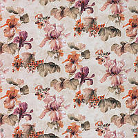Декоративная ткань с мазками крупных оранжевых и бежевых растений нанесенных на светло-розовое полотно