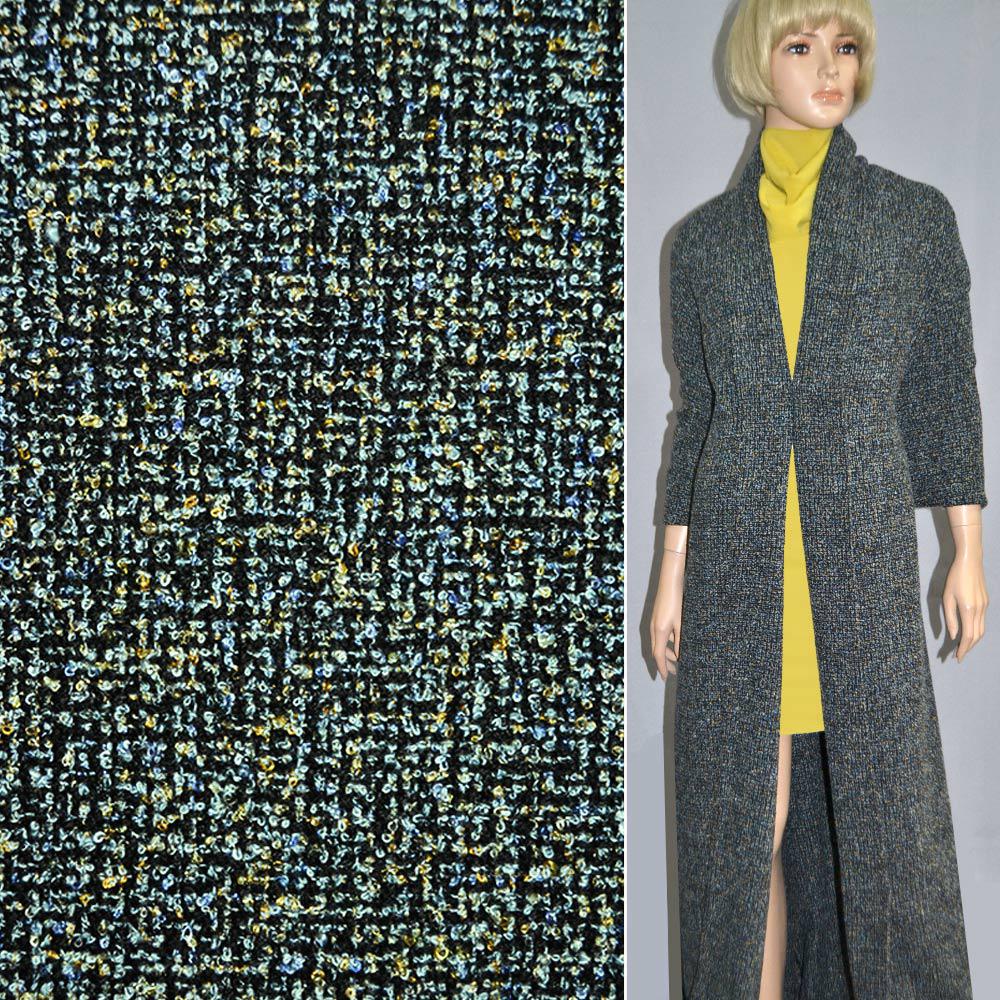 Букле костюмне з нитками блакитними, жовтими на чорному тлі