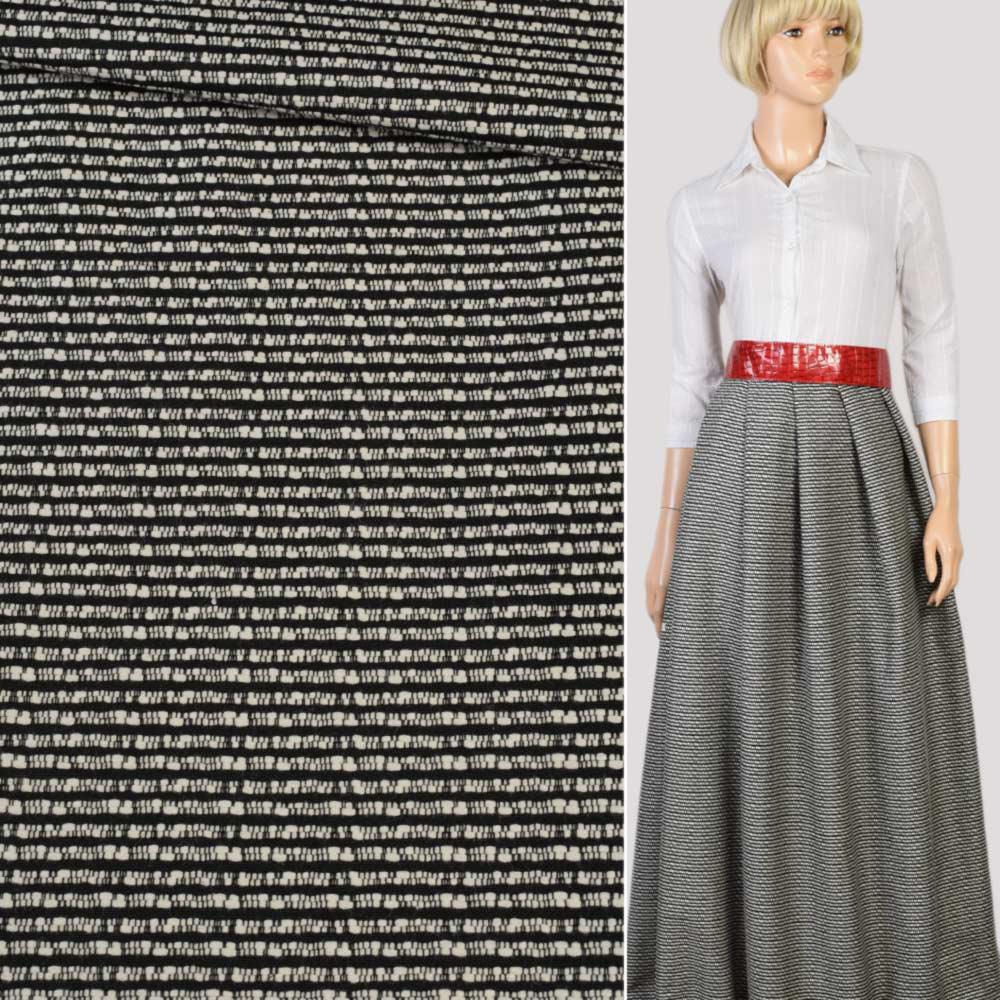 Рогожка костюмна з віскозою біла смуга меланж на чорному тлі, ш.150