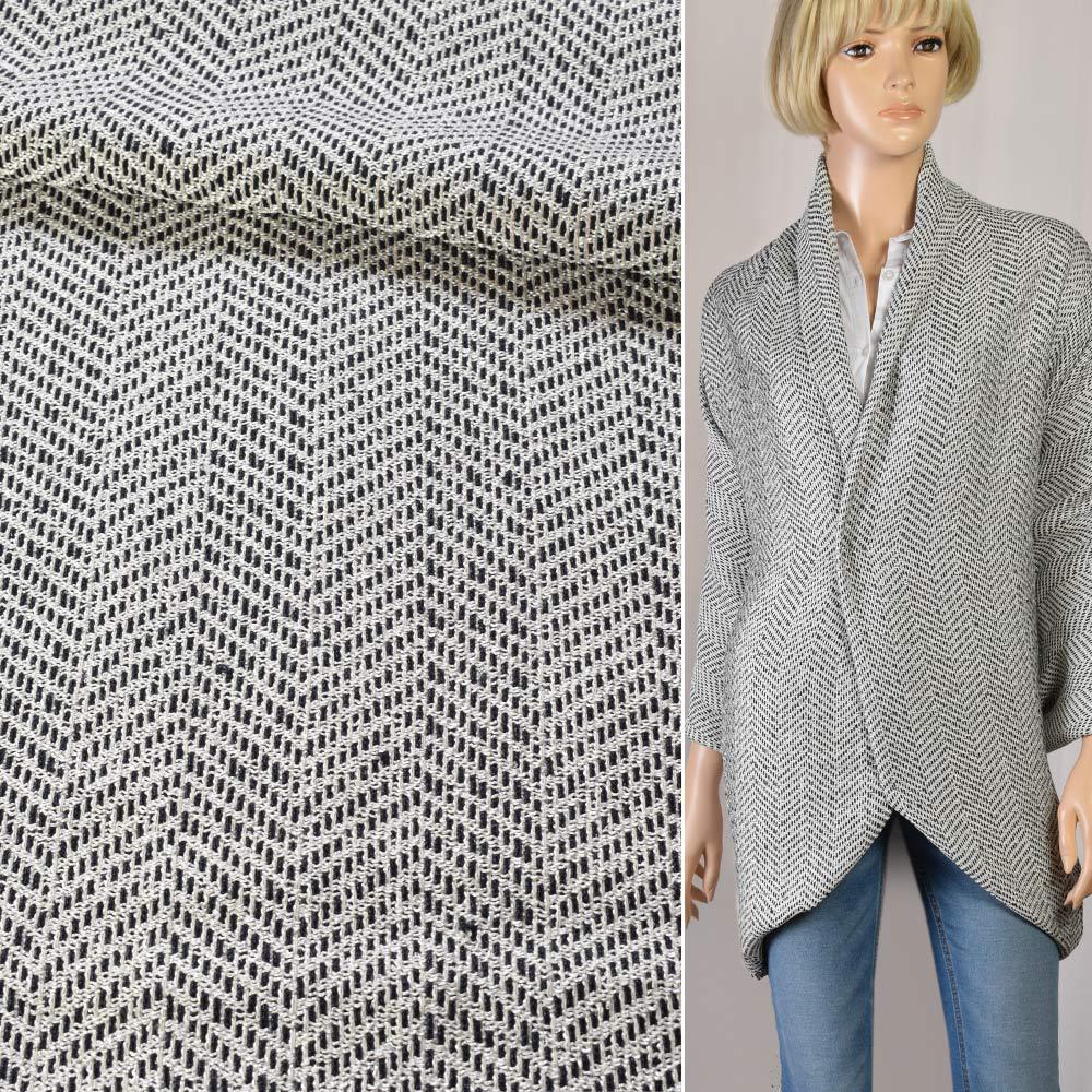 Рогожка костюмна з віскозою ялинка біла в чорні штрихи, ш.140