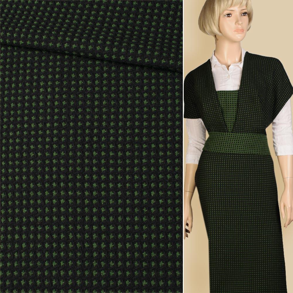 Рогожка костюмно-пальтова чорна в зелену рельєфну клітку, ш.145