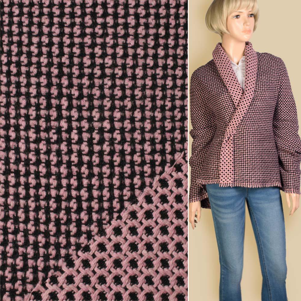 Рогожка пальтово-костюмна чорна в рельєфну рожеву клітку, ш.155