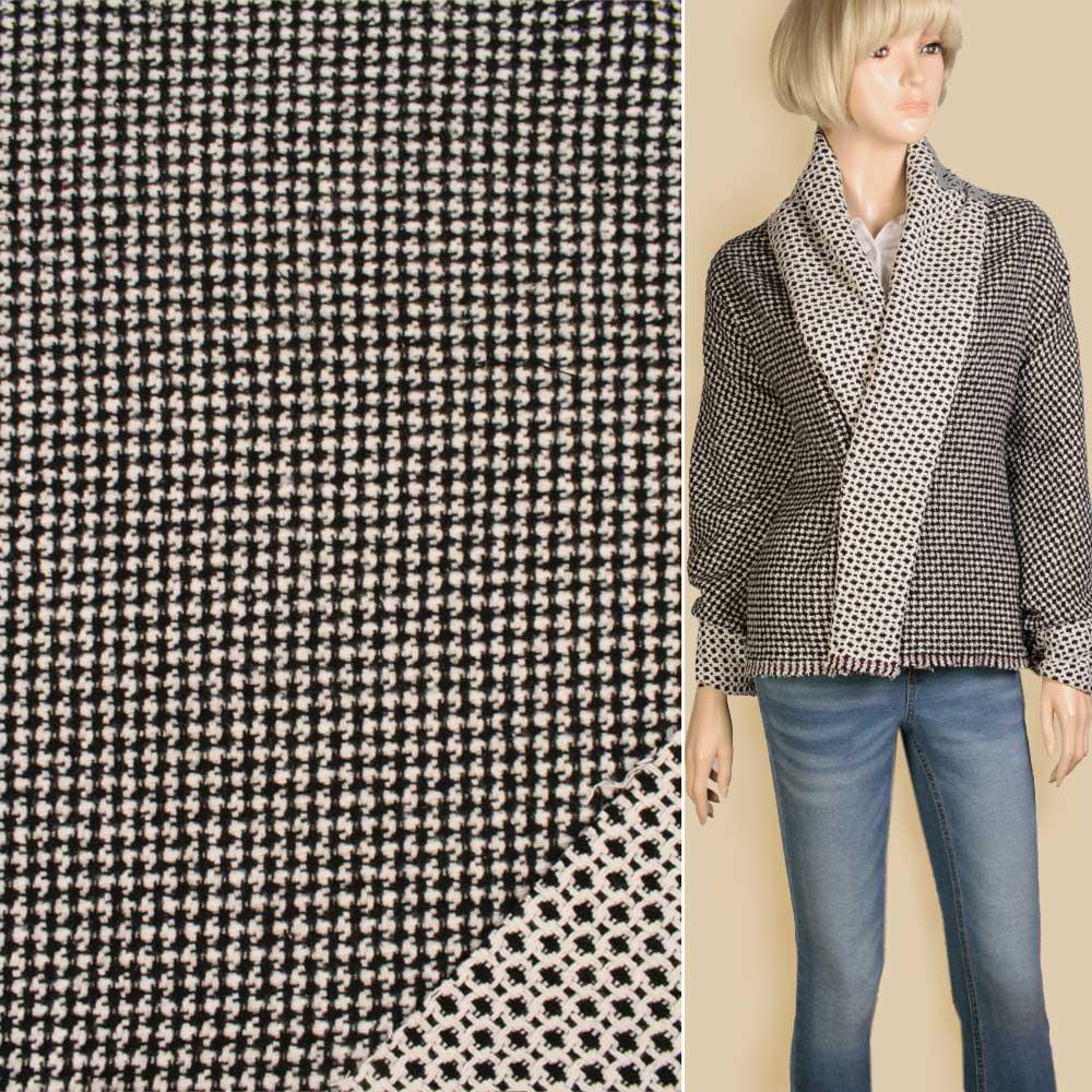 Рогожка пальтово-костюмна чорна в рельєфну білу клітинку, ш.150