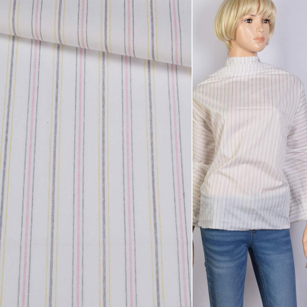 Поплін сорочковий білий в жовту, рожеву, сіру смугу ш.146