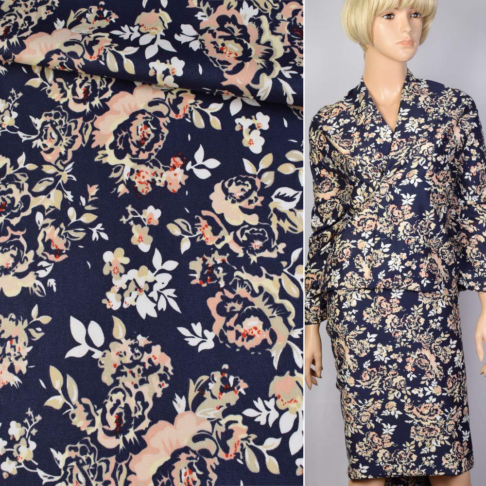 Котон стрейч синій в бежево-білі троянди ш.145