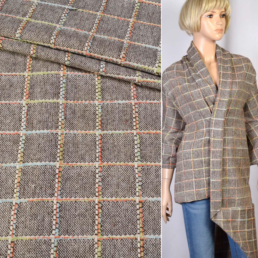 Твід коричнево-білий в оранжево-біло-блакитну клітку (40мм) ш.150