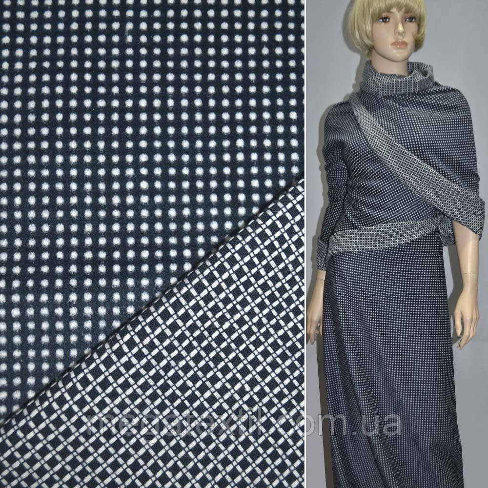 Пальтова тканина з ворсом 2х-стор. горох клітина білі на синьому тлі, ш.150