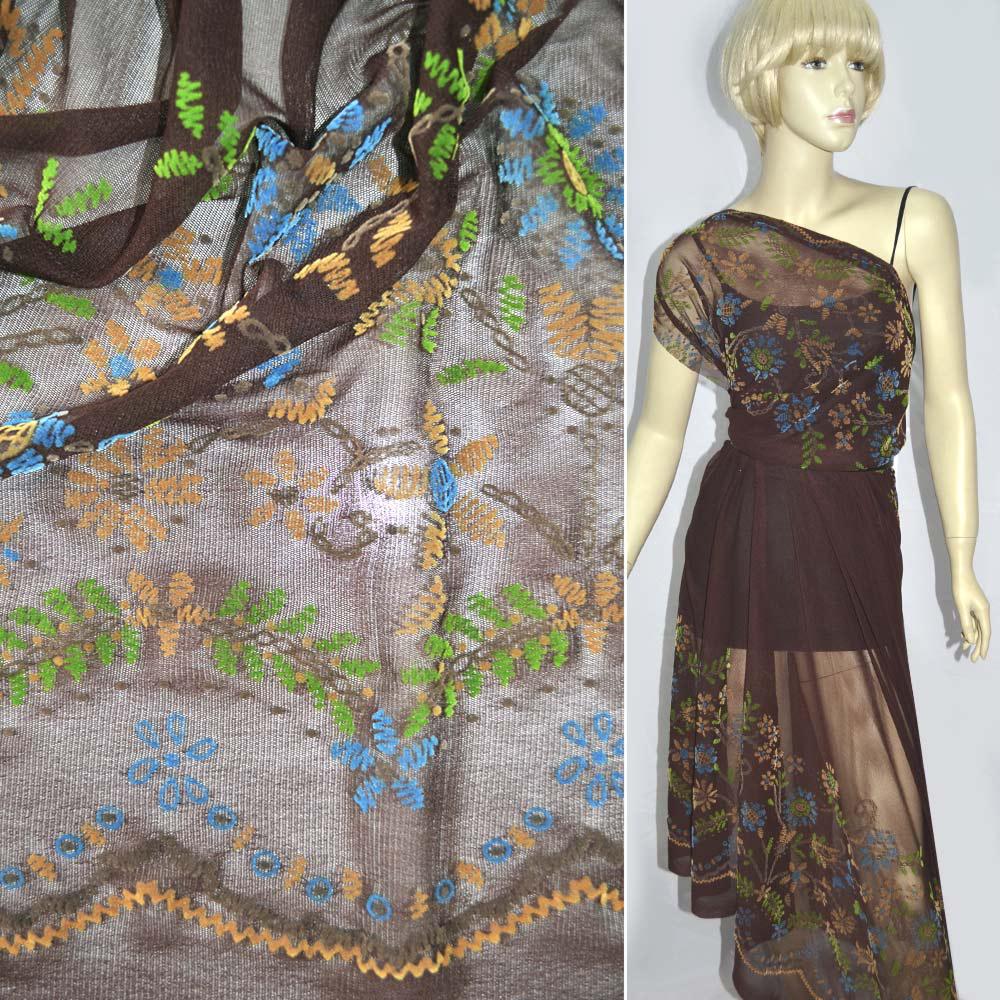 Сітка стрейч з флоковим візерунком листя квіти коричнева