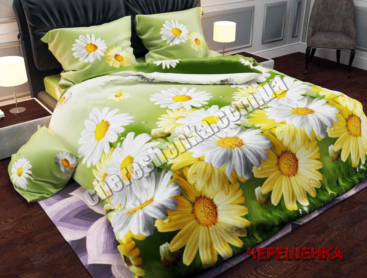 Тканина для постільної білизни Бязь "Gold" Lux GL073 (A+B) - (50м+50м) зелена з ромашками