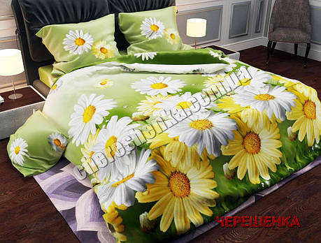 Тканина для постільної білизни Бязь "Gold" Lux GL073 (A+B) - (50м+50м) зелена з ромашками, фото 1