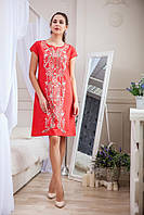Платье коралловое из натуральной лёгкой ткани c вышивкой