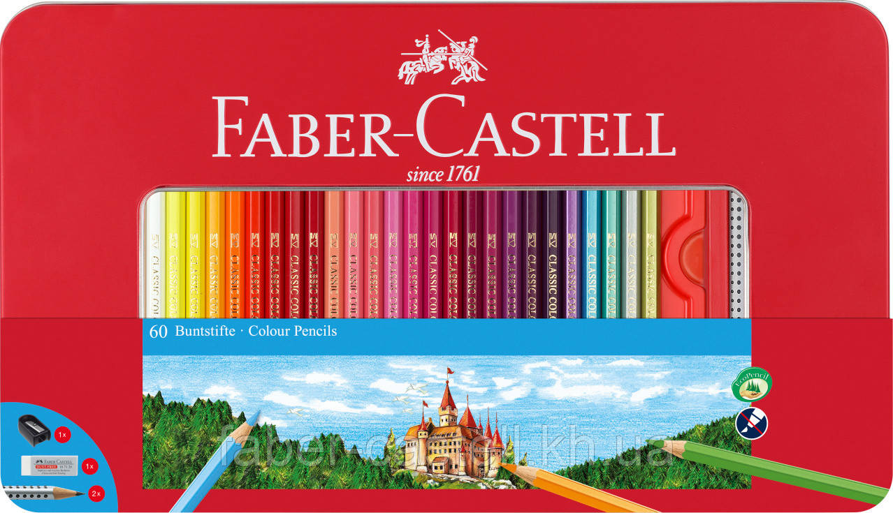 Олівці кольорові Faber-Castell 60 кольорів "Замок" у металевій коробці з аксесуарами, 115894
