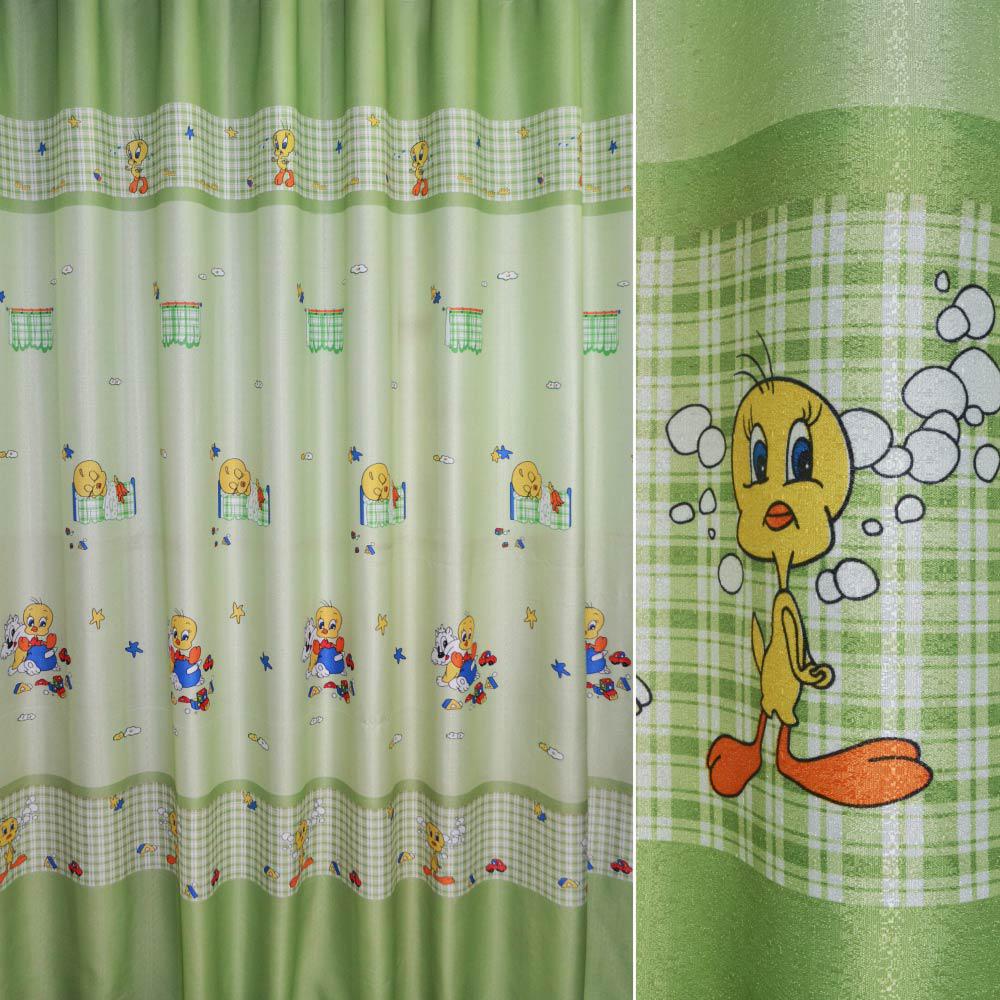 Креп для штор канарка Твіті на салатовму тлі із зеленою облямівкою, ш.280