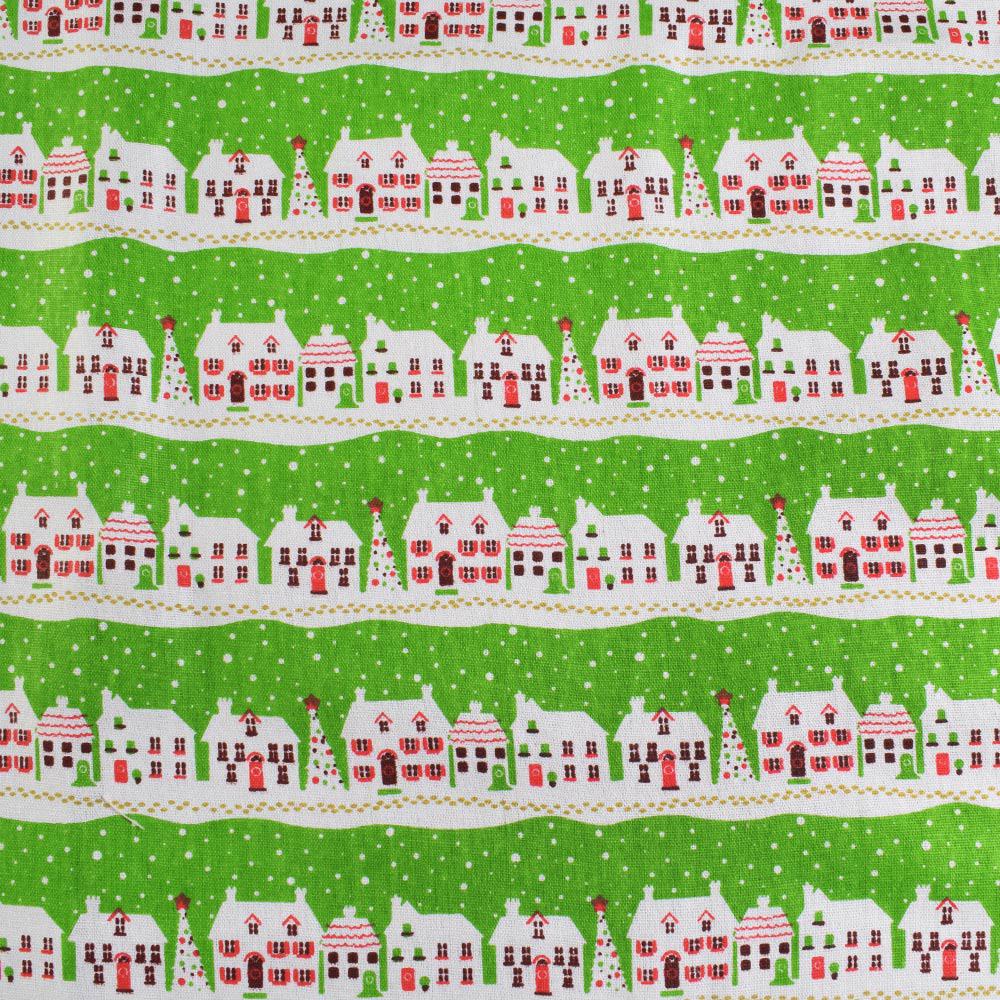 Деко-льон салатовий в смуги біло-червоних будиночків ш.150