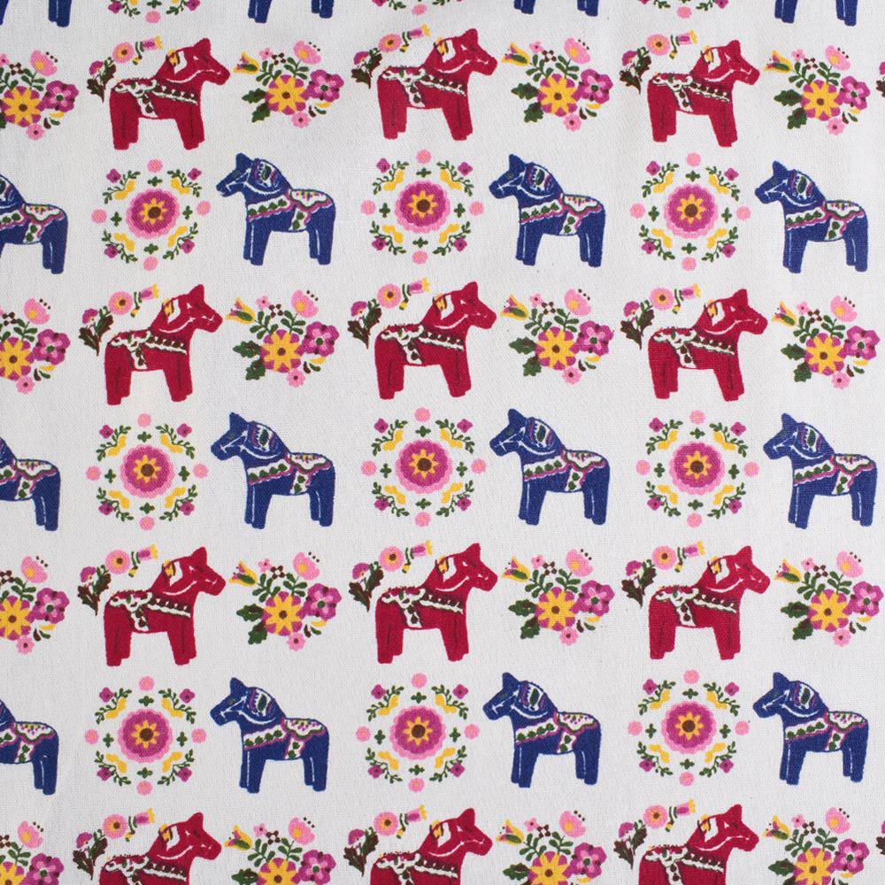 Деко-льон молочний в синьо-бордові конячки, квіти ш.150