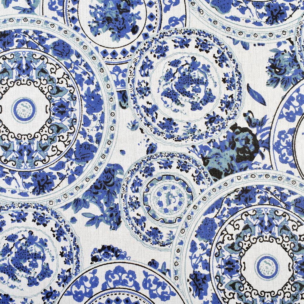 Деко-льон молочний в кола з синіми візерунками, ш.150