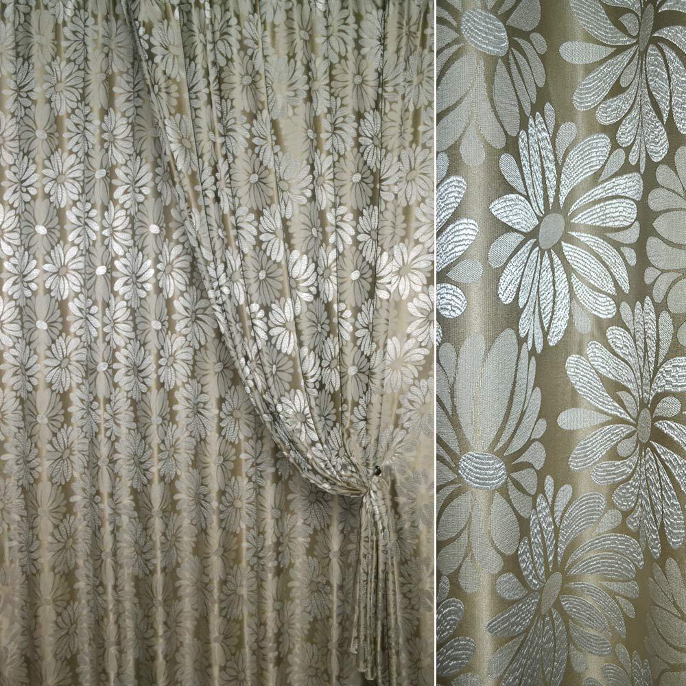 Атлас жакард 2-х-стор. для штор ромашки сріблясті на оливковій темному тлі, ш.280