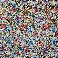 Гобелен бежевий світлий з бордово-блакитними квітами ш.150