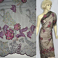 Сітка чорна з вишитими бордово-рожевими квітами і паєтками, ш.140